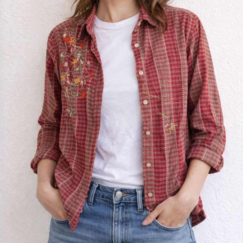 Bobbie Brooks Button-down Plaid Embroidered Florals Cottagecore Shirt Cotton